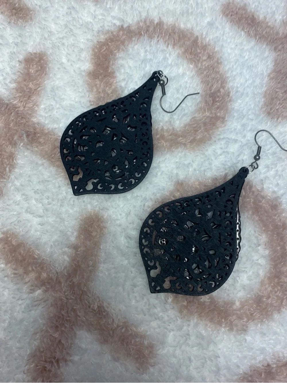 Silver Tone Filigree and Black Wood Tear Drop Dangle Earrings